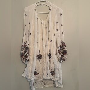 Free People Embroidered Boho Mini Dress White Long Sleeve Keyhole Small